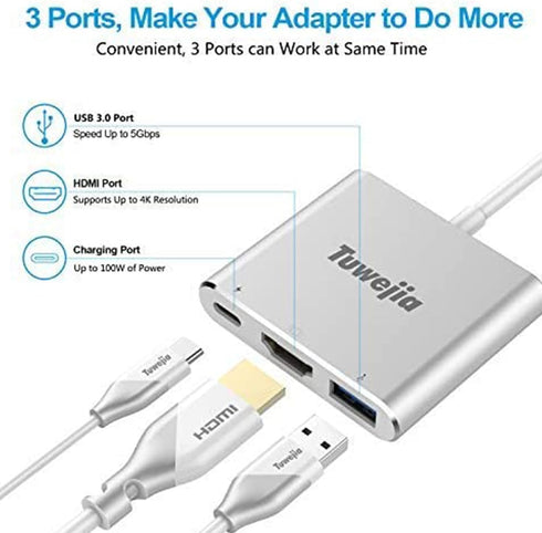 Tuwejia USB C to HDMI Multiport Adapter, USB 3.1 Gen 1 Thunderbolt 3 to HDMI 4K Video Converter