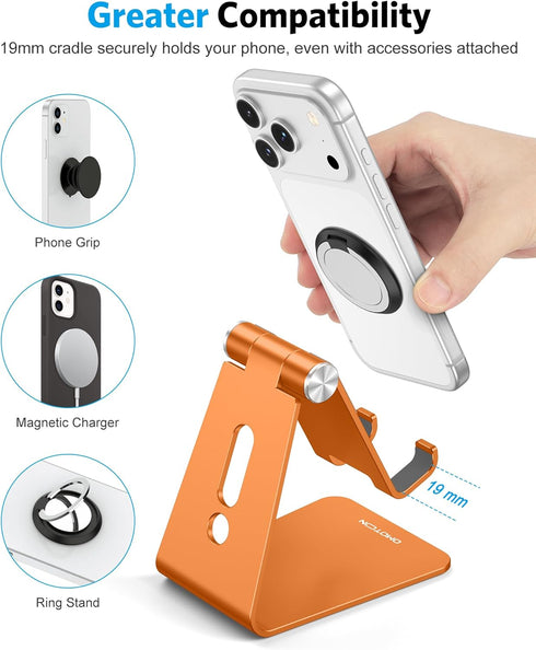 OMOTON Adjustable Cell Phone Stand, Aluminum Desktop Cellphone Stand with Anti-Slip Base and Convenient Charging Port