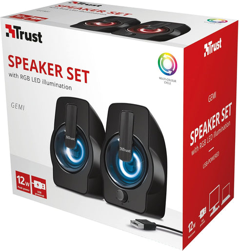 Trust 2.0 12 Gemi RGB LED PC Speakers for Computer and Laptop, W, USB Powered, Illuminated - Black