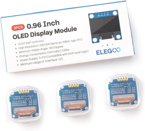 ELEGOO 3PCS 0.96 Inch SSD1306 I2C OLED Display Screen Module Compact Self-Luminous Display Mini Screens for Arduino