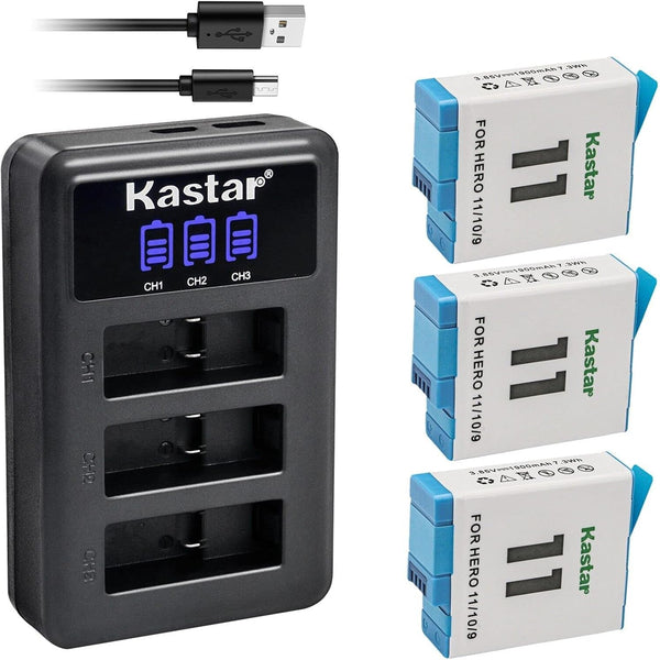 Kastar 3-Pack Battery and LCD Triple USB Charger for GoPro HERO12, HERO11, HERO10, HERO9 Cameras