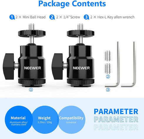 NEEWER Mini Ball Head with Cold Shoe & 1/4” Screw, 2 Pack, 360° Swivel 90° Tilt Ballhead Camera Mount Adapter