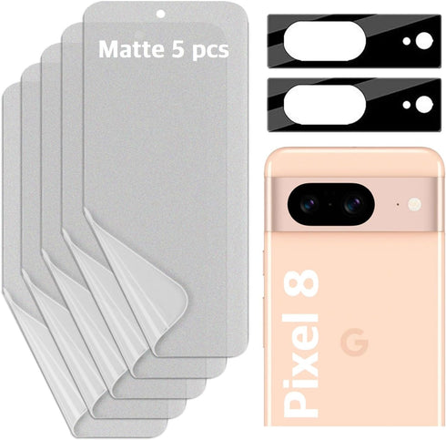 Google Pixel 8 5G 2023: 5 Anti-glare TPU Screen Protectors + 2 Lens Protectors, Scratch Resistant, Easy Installation.