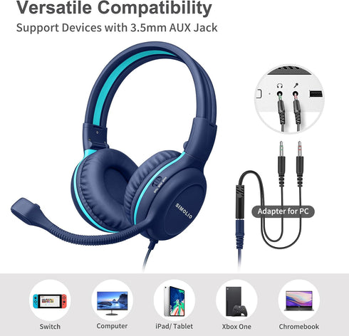 SIMOLIO Wired Headphones for School with Microphone, Stereo Kids Headphone with Volume Limiter for K12 & E-Learning