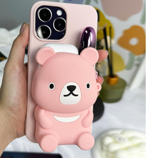 UnnFiko Wallet Phone Case for iPhone 7 Plus 8 Plus, 3D Cartoon Cute Bear Purse Stand Holder, Pink