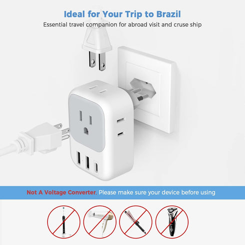 TESSAN Brazil Power Adapter, US to Brazil Travel Plug with 4 American Outlets & 3 USB Charger Ports