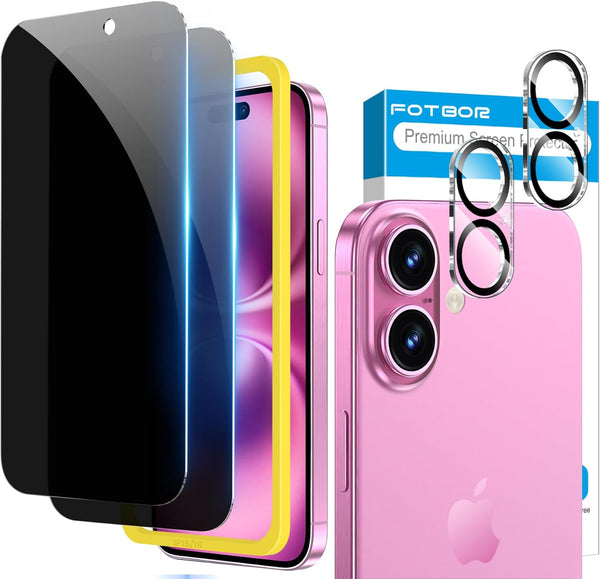 Fotbor 2Pack iPhone 16 Privacy Screen Protector with 2Pack Camera Lens Protector, Anti Spy Tempered Glass Kit