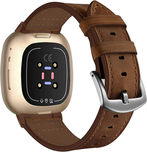 Leather Bands Compatible with Fitbit Versa 4/3/Sense 2, Classic Genuine Leather Replacement Straps for Men Women