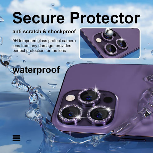 Bling Camera Lens Protector for iPhone 14 Pro/Pro Max - 9H Tempered Glass, Metal Ring, Purple Glitter, 3+1 Accessories.