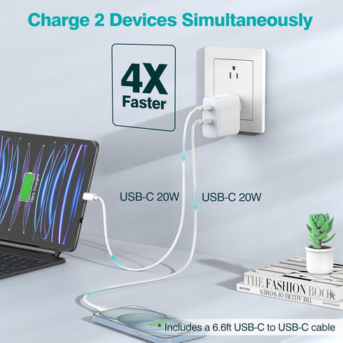 40W Dual USB C Charger for iPad Pro 13, 12.9, 11 inch 2024 2023 2022 2021 2020 2019, iPad Air 5 4, Mini 6, iPad 10, iPhone 15/15 Pro Max, 2 x 20W Type C Wall Charger, 6.6ft USB-C Cable