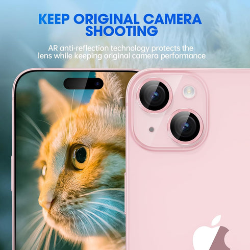 Xfilm 9H Hardness Camera Lens Protector for iPhone 15/15 Plus, Stylish Pink Metal Ring, Scratchproof & Case Friendly.