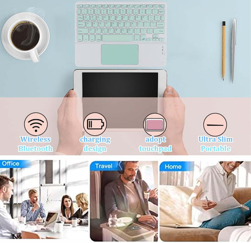 Wireless Bluetooth Keyboard with Touchpad - Ultra Slim Rechargeable Portable 10 Inch for iOS Android Windows (Green)