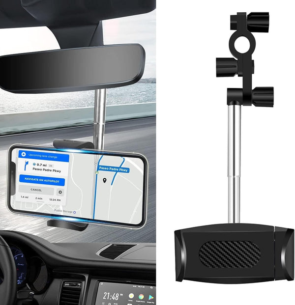 Car Rearview Mirror Mobile Phone Holder Pack-1, 360 Degrees Rotation, Retractable Bracket, for Most Car Models (Black)