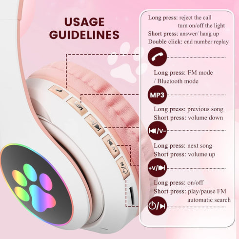 Kids Bluetooth Headphones, Bluetooth Headphones for Kids and Adults, Cat Headphones for Girls and Boys