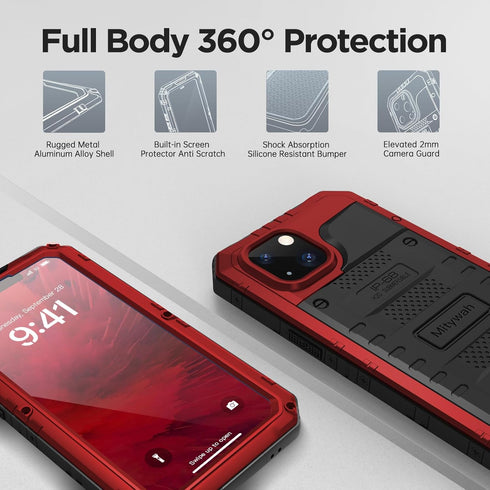 Mitywah Waterproof Case for iPhone 14 Plus - Heavy Duty Shockproof with Built-in Screen Protector, Red