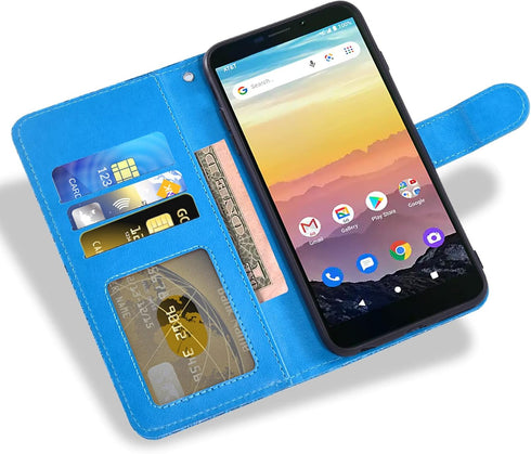 Asuwish Phone Case for Cricket Vision 3/Debut/AT&T Calypso 1 2 with Tempered Glass Screen Protector and Lace Wallet Cover Card Holder Stand Accessories Wireless 4G LTE U318AA U319AA Women Men Blue