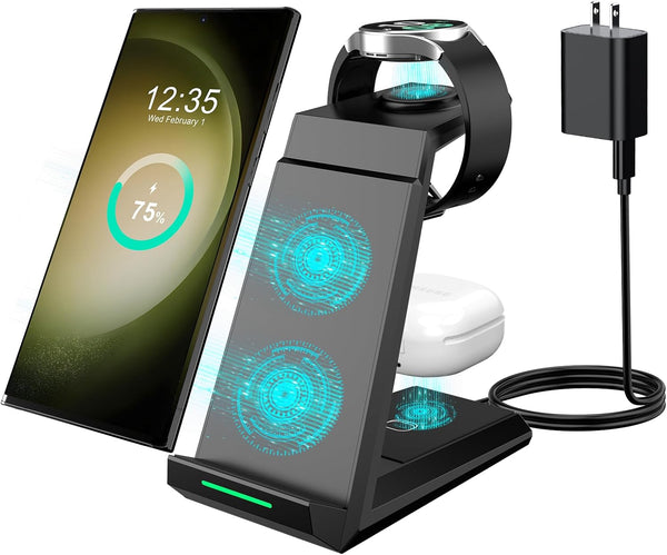 ADADPU 3 in 1 Wireless Charger for Samsung, Fast Charging Station Dock for Galaxy S24 Ultra S23 S22 S21, Galaxy Watch