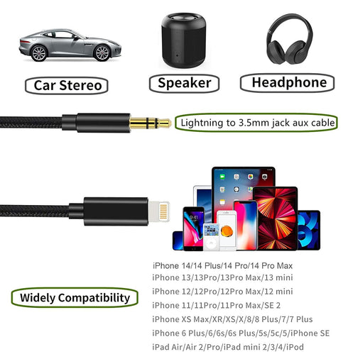Lightning to 3.5mm Audio Cord, iPhone to Car Stereo AUX Cable Compatible with iPhone 14/13/12/11/XR/XS/X/8/7/6 Plus/SE