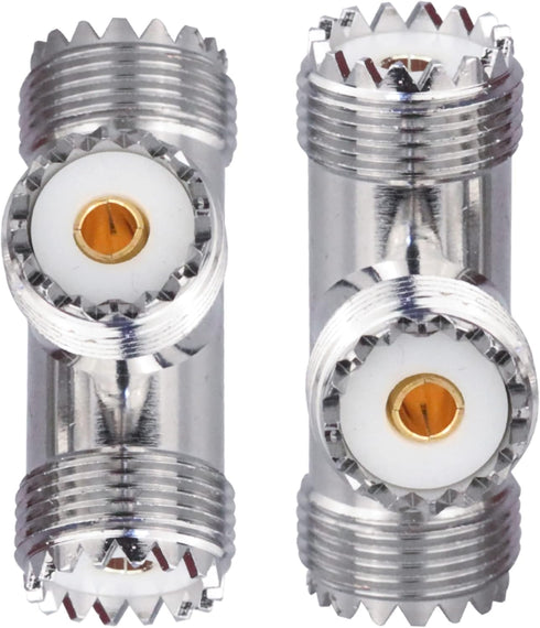UHF Triple Tee Connector UHF Female to Dual UHF Female 3 Way Splitter Coax Adapter PL259 SO239 T Shape Adapter, 2 Pack