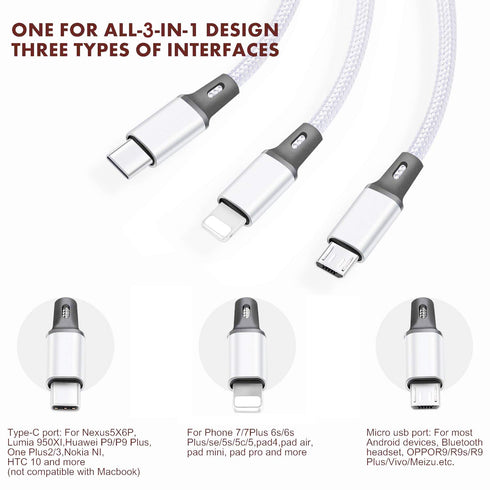 Multi USB Charging Cable 3A, 3 in 1 Fast Charger Cord Connector with Dual Phone/Type C/Micro USB Port Adapter, Compatible with Tablets Phone 12 11 Pro 8 7 6 Samsung Galaxy (4FT/2Pack Charging Only)
