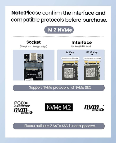 ORICO M.2 NVMe SSD Enclosure to USB-C PCIe Adapter, 10Gbps USB3.2 Gen2 for NVMe M-Key/M+B Key SSD