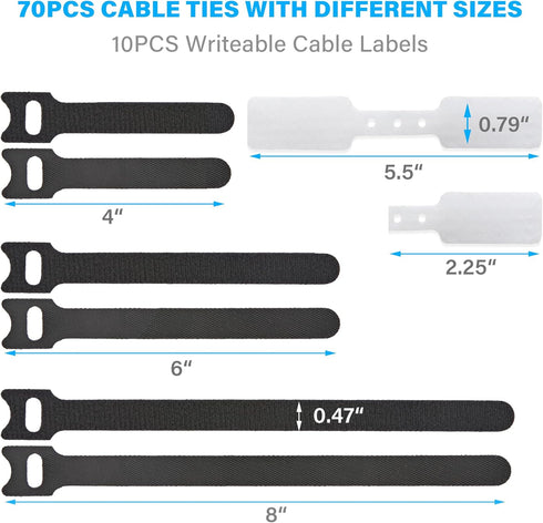 70 PCS Reusable Cable Ties with Hook and Loop, Multi-purpose Adjustable Cable Management Wire Ties & 10 PCS Cable Labels, Cord Organizer for Home, Office and Data Centers (4/6/8 Inch, Black+White) by NBTORCH