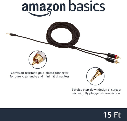 Amazon Basics 3.5 Aux to 2 x RCA Adapters, Audio Cable for Amplifiers, Active Speakers with Gold-Plated Plugs, 15 Feet/4.6 m, Black by Amazon Basics