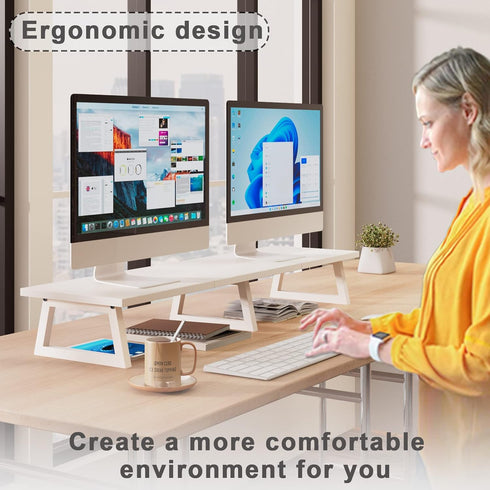 TEAMIX 42 inch White Monitor Riser for 2 Monitors, Wood Desktop Dual Stand with Metal Legs, Computer Shelf, White