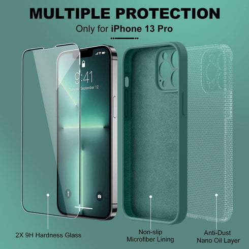 BossKiss iPhone 13 Pro Case, Pine Green Premium Silicone with Camera Protection & 2 Screen Protectors