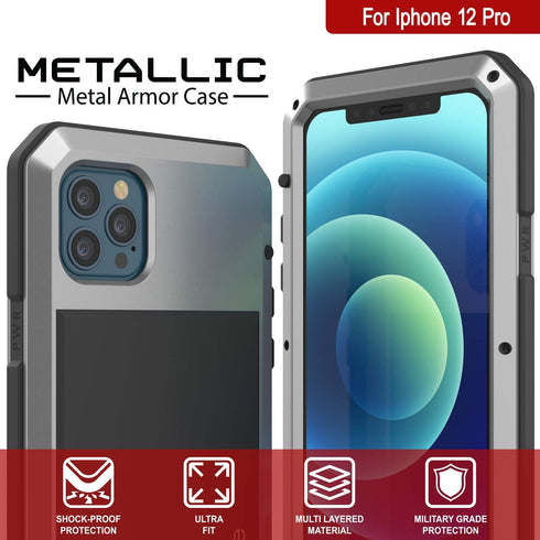 Punkcase Heavy Duty Metal Case for iPhone 12 Pro, Military Grade Armor Cover, Shock Proof Aluminum & TPU Design (Silver)
