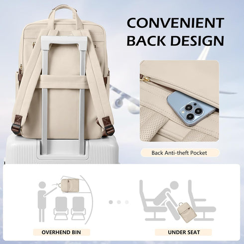 Slim Laptop Backpack for Women - Lightweight Business Computer Bag Purse for Commuting, Fits 16 Inch, Apricot