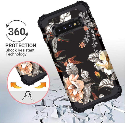 Casetego Floral Three Layer Heavy Duty Hybrid Case for Samsung Galaxy S10, Sturdy Shockproof Cover (Orange Flower/Black)
