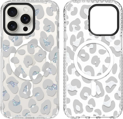 SAKUULO Magnetic iPhone 15 Pro Max Case, Clear Gray Leopard Print, Compatible with MagSafe
