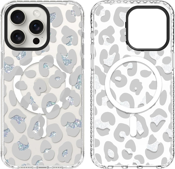 SAKUULO Magnetic iPhone 15 Pro Max Case, Clear Gray Leopard Print, Compatible with MagSafe