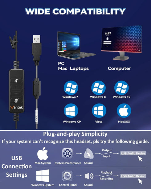 Headsets Headset (UC600) Wantek Corded USB Mono with Noise Cancelling Mic and in-line Controls, UC Business for Skype