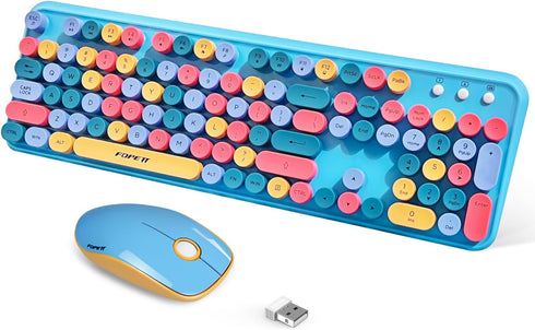 FOPETT 2.4GHz Wireless Keyboard and Mouse Set, Full-Size Keyboard Compatible for Windows/Laptop/PC - Blue Colorful