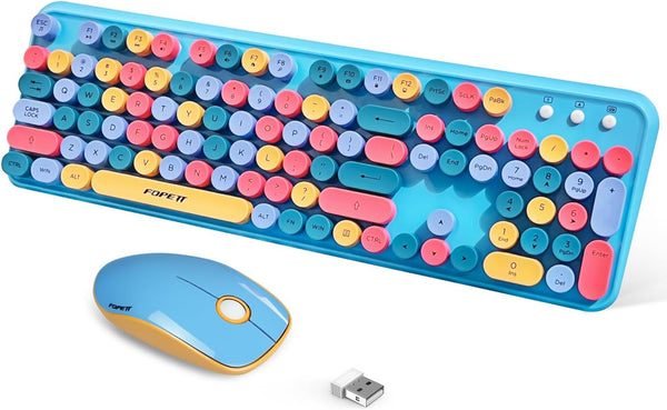 FOPETT 2.4GHz Wireless Keyboard and Mouse Set, Full-Size Keyboard Compatible for Windows/Laptop/PC - Blue Colorful