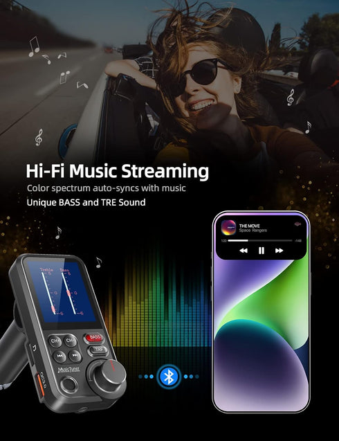 Nulaxy FM Bluetooth Transmitter for Car, Strong Microphone Adapter with 1.8" Color Screen, Supports QC3.0 Charging