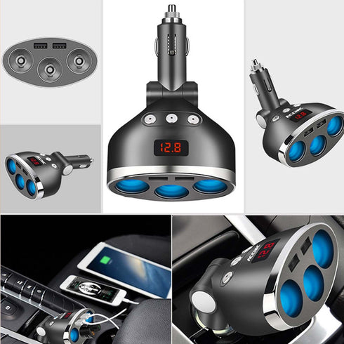 Car Charger, 120W 3-Socket Cigarette Lighter Power Adapter with Dual USB and LED Voltage Display