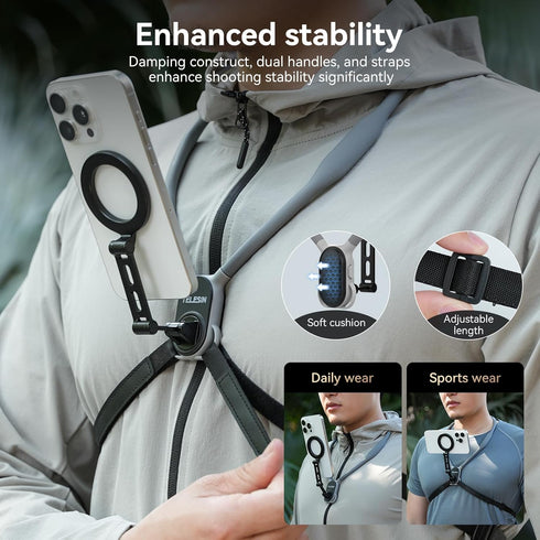 Max Magnetic Neck Mount for Phones, POV/Vlog Neck Phone Holder with Fixing Chest Strap, Hand Free Stand for Video
