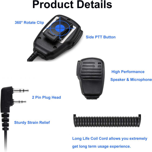 SAMCOM 1 Pcs Speaker Mic for Walkie Talkies, 2 Pin Handheld Shoulder Mic for Baofeng UV-5R Retevis Radios,
