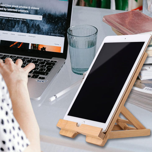 Bamboo Tablet Stand Holder, Adjustable Folding Wood iPad Stand with Chargeable Hole for Desk iPad Cooking Stand