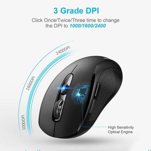 TECKNET Wireless Bluetooth Mouse for MacBook, 2400DPI 2-in-1 Mouse for Laptop (BT 5.0/3.0+2.4G USB), Black