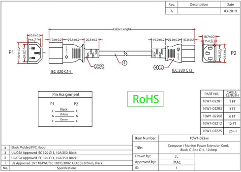 CableWholesale 3 C13 C14 3 18 10 C13 C14 feet Computer/Monitor Power Extension Cord, Female to Male Plug, Pin, AWG