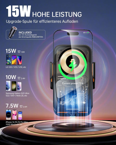 Wireless Car Charger with 15W Fast Charging, Smart Auto Sensor Clamping Phone Mount for iPhone 15 14 13 12 11 Pro Max,
