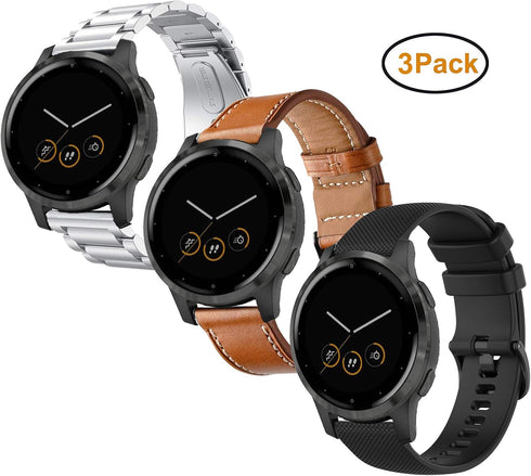 Compatible Garmin Vivoactive 4S Band, 18mm Silicone+Leather+Stainless Steel for Vivomove 3S, Fossil Gen 5E (3 Pack)