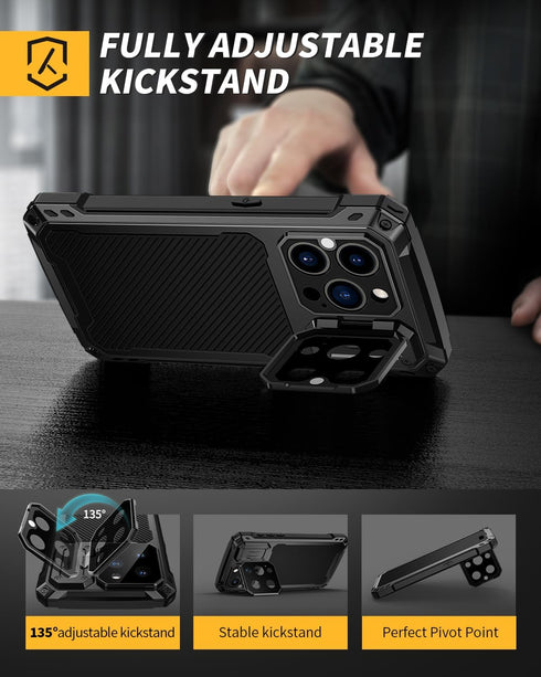 Lanhiem Metal Case for iPhone 15 Pro Max, Heavy Duty Shockproof Cover with Built-in Camera Kickstand & Glass Protector