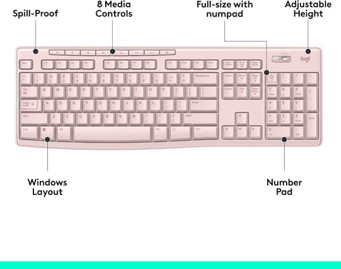 Logitech K270 2.4 8 2-Year Wireless Keyboard for Windows, GHz Wireless, Full-Size, Number Pad, Multimedia Keys, Battery