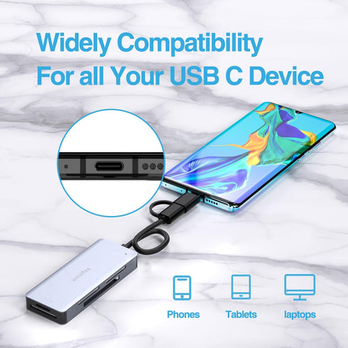 USB3.0 Type-C 5in1 Multi Card Reader, SD/Micro SD/CF/MS/XD Memory Card Adapter for PC/Laptop/Smartphone/Tablets