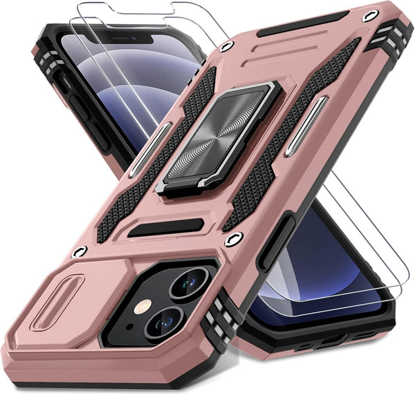 DEERLAMN iPhone 12/12 Pro Case - Rose Gold, Military Grade Shockproof, Slide Camera Cover, 2 Screen Protectors,